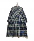 As know as olacaアズノウアズ オオラカ）の古着「チェック流れ刺繍ワンピース」｜ネイビー