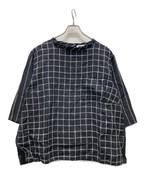 plantation（プランテーション）Plantation (プランテーション) チェック柄ヘンプブラウス ネイビー サイズ:Mの古着・服飾アイテム