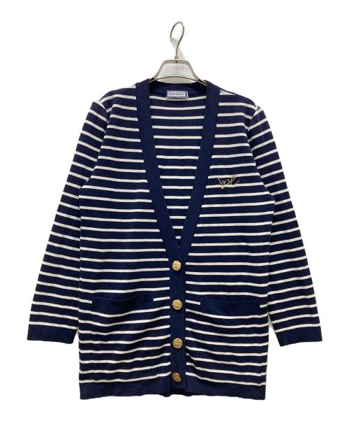 Yves Saint Laurent（イヴサンローラン）Yves Saint Laurent (イヴサンローラン) 金釦ボーダー Vネックカーディガン ネイビー サイズ:Mの古着・服飾アイテム