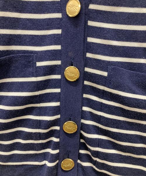 Yves Saint Laurent（イヴサンローラン）Yves Saint Laurent (イヴサンローラン) 金釦ボーダー Vネックカーディガン ネイビー サイズ:Mの古着・服飾アイテム