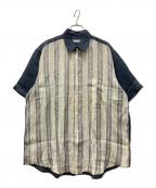 COMME des GARCONS HOMMEコムデギャルソン オム）の古着「ストライプ切替 半袖リネンシャツ」｜ネイビー