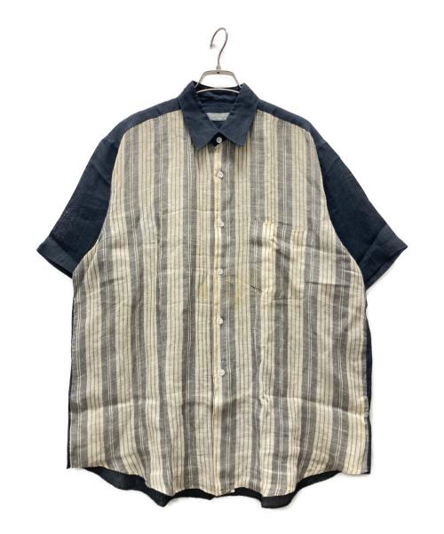 COMME des GARCONS HOMME（コムデギャルソン オム）COMME des GARCONS HOMME (コムデギャルソン オム) ストライプ切替 半袖リネンシャツ ネイビー サイズ:記載無しの古着・服飾アイテム