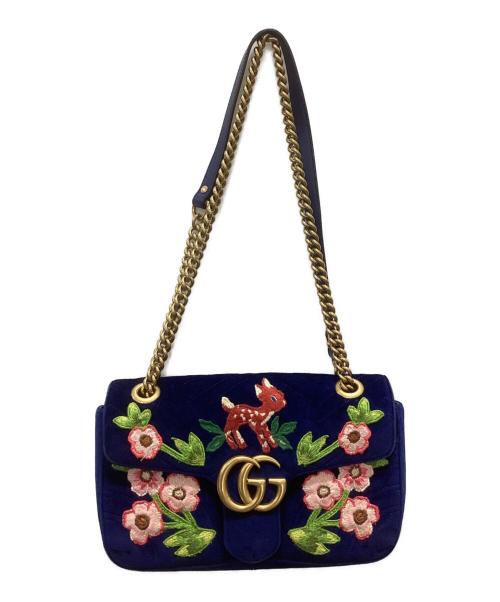GUCCI（グッチ）GUCCI (グッチ) バンビーフラワー刺繍チェーンショルダーバッグ ネイビーの古着・服飾アイテム
