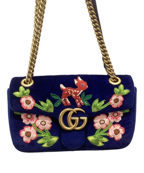 GUCCI（グッチ）GUCCI (グッチ) バンビーフラワー刺繍チェーンショルダーバッグ ネイビーの古着・服飾アイテム