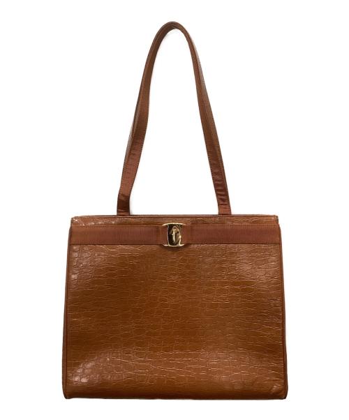 Salvatore Ferragamo（サルヴァトーレ フェラガモ）Salvatore Ferragamo (サルヴァトーレ フェラガモ) 型押しトートバッグ ブラウンの古着・服飾アイテム