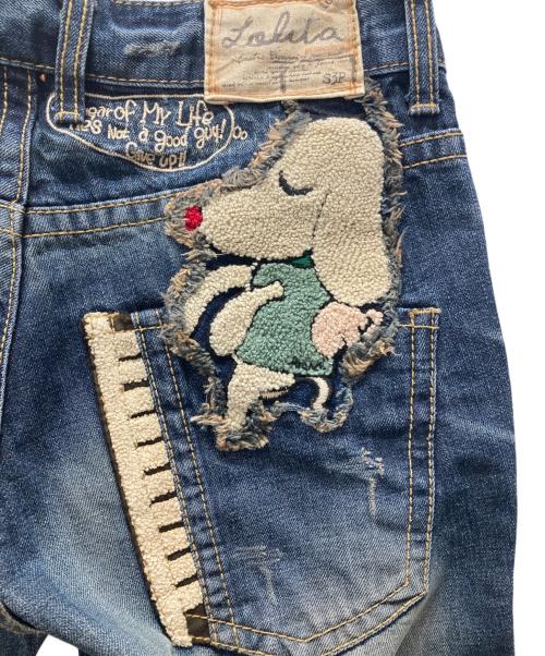 LOLITA JEANS（ロリータジーンズ）LOLITA JEANS (ロリータジーンズ) 奈良美智コラボ 刺繍デニムパンツ/Y2K ブルー サイズ:Sの古着・服飾アイテム