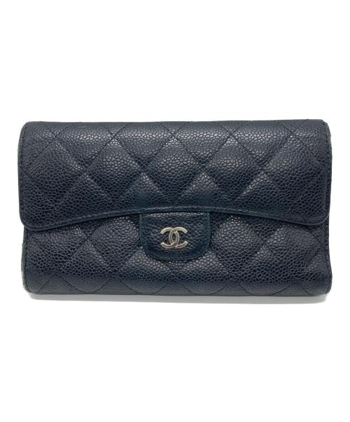 CHANEL（シャネル）CHANEL (シャネル) キャビアスキン 3つ折りフラップ長財布 ブラックの古着・服飾アイテム