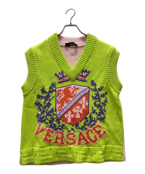 VERSACE（ヴェルサーチ）VERSACE (ヴェルサーチ) ロゴニットベスト/Royal Rebellion Intarsia Knit Top 'Multicolor' ライトグリーン サイズ:46の古着・服飾アイテム