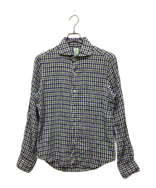 finamore（フィナモレ）finamore (フィナモレ) リネンチェックシャツ グリーン×ネイビー サイズ:40の古着・服飾アイテム