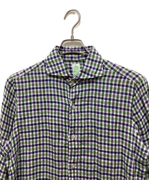 finamore（フィナモレ）finamore (フィナモレ) リネンチェックシャツ グリーン×ネイビー サイズ:40の古着・服飾アイテム