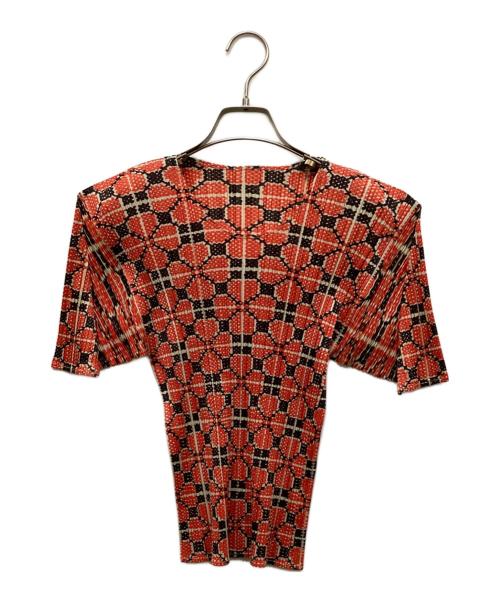 PLEATS PLEASE（プリーツプリーズ）PLEATS PLEASE (プリーツプリーズ) クローバー転写プリーツブラウス レッド サイズ:3の古着・服飾アイテム