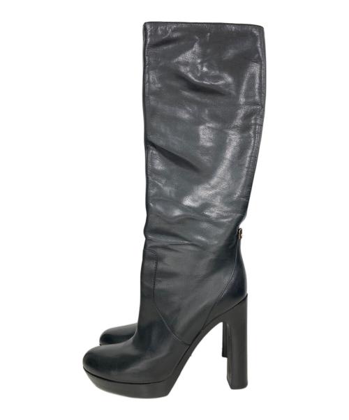 GUCCI（グッチ）GUCCI (グッチ) メタルプレートブロックヒールロングブーツ ブラック サイズ:36.5の古着・服飾アイテム