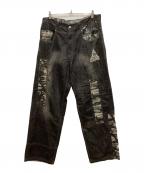Pepe Jeansペペジーンズ）の古着「カモ柄パッチワークデザインワイドデニムパンツ」｜ブラック