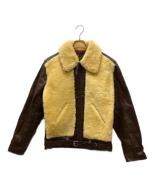 Laskinlamb（ラスキンラム）Laskinlamb (ラスキンラム) ボア切替レザージャケット ブラウン×ベージュ サイズ:size40の古着・服飾アイテム