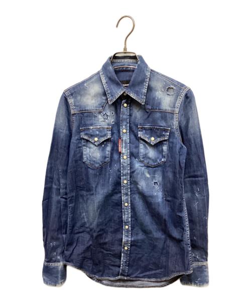 DSQUARED2（ディースクエアード）DSQUARED2 (ディースクエアード) ダメージ加工デニムウエスタンシャツ インディゴ サイズ:34の古着・服飾アイテム