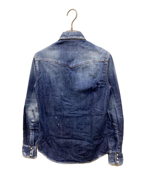 DSQUARED2（ディースクエアード）DSQUARED2 (ディースクエアード) ダメージ加工デニムウエスタンシャツ インディゴ サイズ:34の古着・服飾アイテム