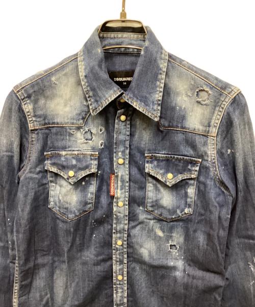 DSQUARED2（ディースクエアード）DSQUARED2 (ディースクエアード) ダメージ加工デニムウエスタンシャツ インディゴ サイズ:34の古着・服飾アイテム
