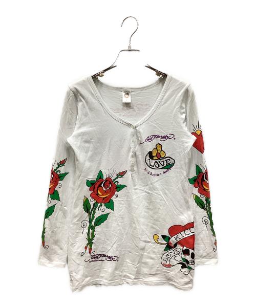 Ed Hardy（エド ハーディー）ED HARDY (エド ハーディー) ラインストーンヘンリーネックカットソー ホワイト サイズ:Lの古着・服飾アイテム