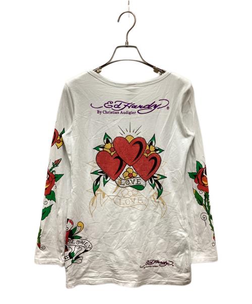 Ed Hardy（エド ハーディー）ED HARDY (エド ハーディー) ラインストーンヘンリーネックカットソー ホワイト サイズ:Lの古着・服飾アイテム