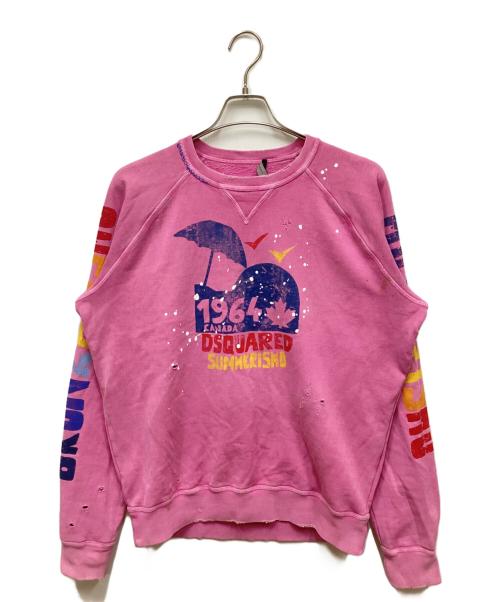 DSQUARED2（ディースクエアード）DSQUARED2 (ディースクエアード) 製品染めダメージ加工プリントスウェット ピンク サイズ:Lの古着・服飾アイテム