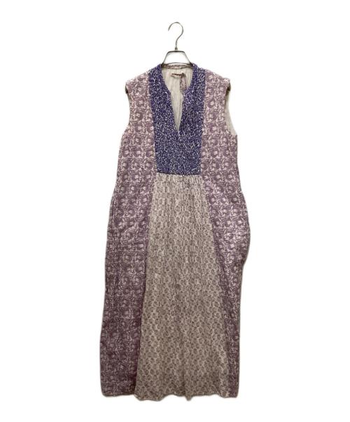 ne quittez pas（ヌキテパ）ne quittez pas (ヌキテパ) コットンジャガードコンビプリント刺繍ドレス パープル サイズ:表記無しの古着・服飾アイテム