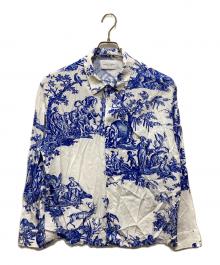 UNUSED（アンユーズド）の古着「4continents print long sleeve shirt」｜ブルー×ホワイト