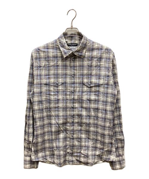 DOLCE & GABBANA（ドルチェ＆ガッバーナ）DOLCE & GABBANA (ドルチェ＆ガッバーナ) SICILIAスナップチェックシャツ ブルー×アイボリー サイズ:42の古着・服飾アイテム