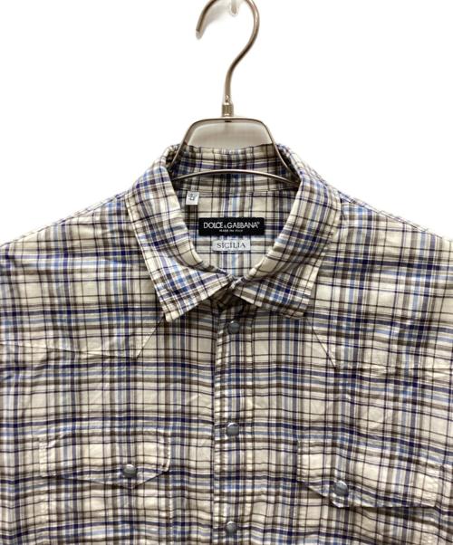 DOLCE & GABBANA（ドルチェ＆ガッバーナ）DOLCE & GABBANA (ドルチェ＆ガッバーナ) SICILIAスナップチェックシャツ ブルー×アイボリー サイズ:42の古着・服飾アイテム