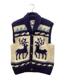 FAB（ファブ）の古着「シェル×ウッドボタンカウチンニットベスト」｜ネイビー×ベージュ