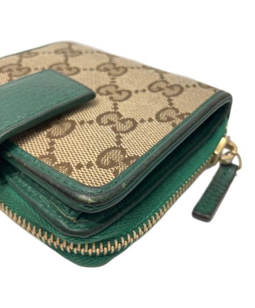 GUCCI（グッチ）GUCCI (グッチ) GGキャンバスラウンドジップウォレット ベージュ×グリーンの古着・服飾アイテム