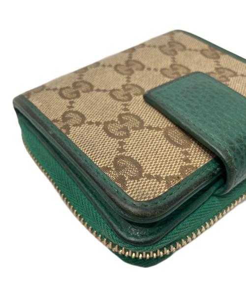 GUCCI（グッチ）GUCCI (グッチ) GGキャンバスラウンドジップウォレット ベージュ×グリーンの古着・服飾アイテム