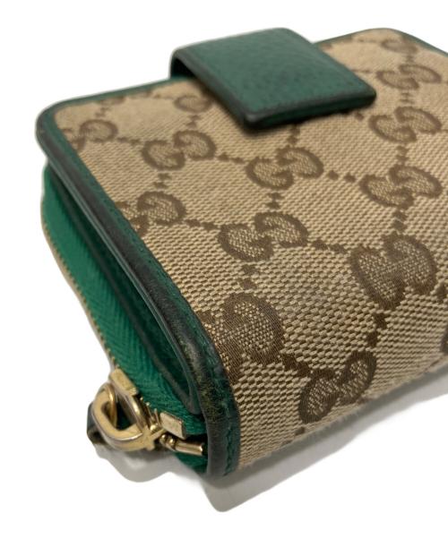 GUCCI（グッチ）GUCCI (グッチ) GGキャンバスラウンドジップウォレット ベージュ×グリーンの古着・服飾アイテム