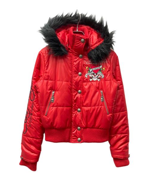 Ed Hardy（エド ハーディー）ED HARDY (エド ハーディー) 刺繍ファー付中綿ジャケット レッド サイズ:XSの古着・服飾アイテム