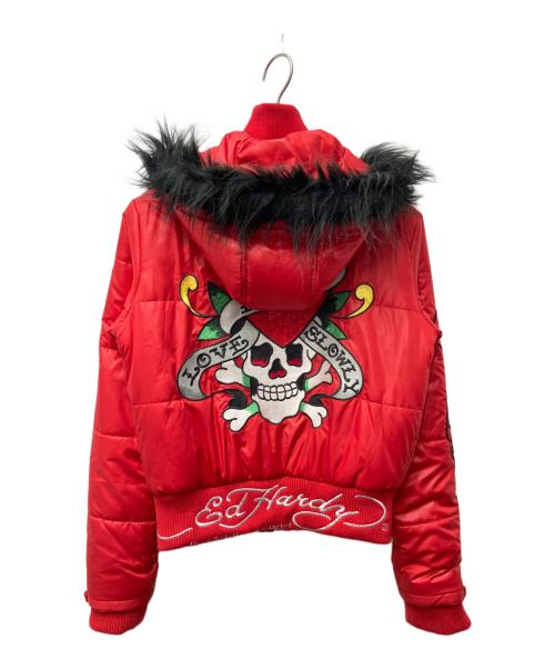 Ed Hardy（エド ハーディー）ED HARDY (エド ハーディー) 刺繍ファー付中綿ジャケット レッド サイズ:XSの古着・服飾アイテム