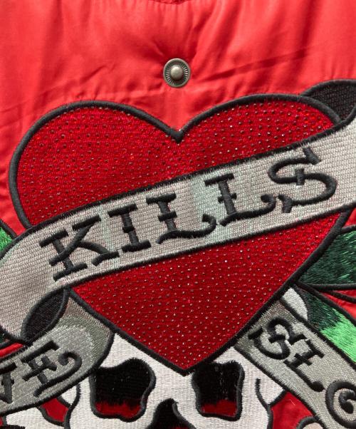 Ed Hardy（エド ハーディー）ED HARDY (エド ハーディー) 刺繍ファー付中綿ジャケット レッド サイズ:XSの古着・服飾アイテム
