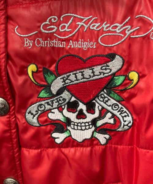 Ed Hardy（エド ハーディー）ED HARDY (エド ハーディー) 刺繍ファー付中綿ジャケット レッド サイズ:XSの古着・服飾アイテム