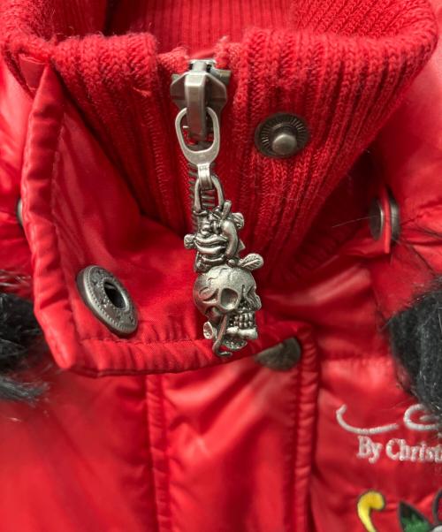 Ed Hardy（エド ハーディー）ED HARDY (エド ハーディー) 刺繍ファー付中綿ジャケット レッド サイズ:XSの古着・服飾アイテム
