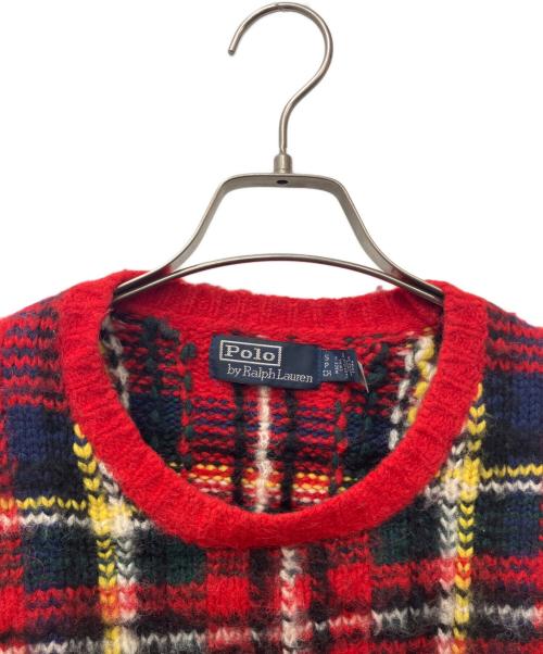 POLO RALPH LAUREN（ポロ・ラルフローレン）POLO RALPH LAUREN (ポロ・ラルフローレン) チェックアルパカ混ウールクルーネックニット レッド サイズ:Sの古着・服飾アイテム