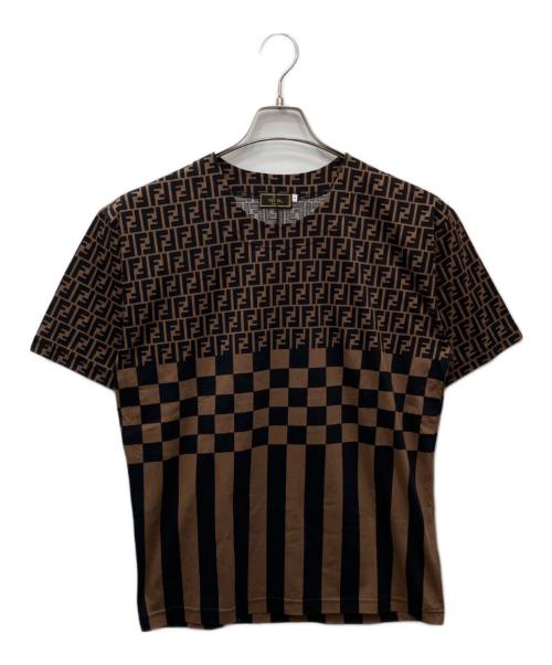 FENDI（フェンディ）FENDI (フェンディ) ズッカ × ペカンストライプ Tシャツ ブラック×ブラウン サイズ:Lの古着・服飾アイテム
