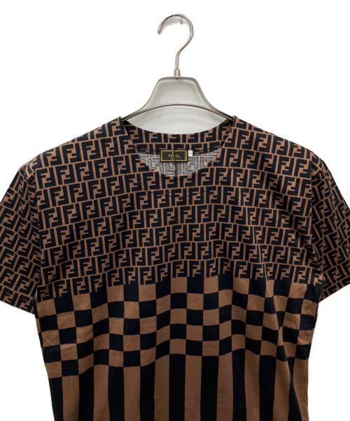 FENDI（フェンディ）FENDI (フェンディ) ズッカ × ペカンストライプ Tシャツ ブラック×ブラウン サイズ:Lの古着・服飾アイテム