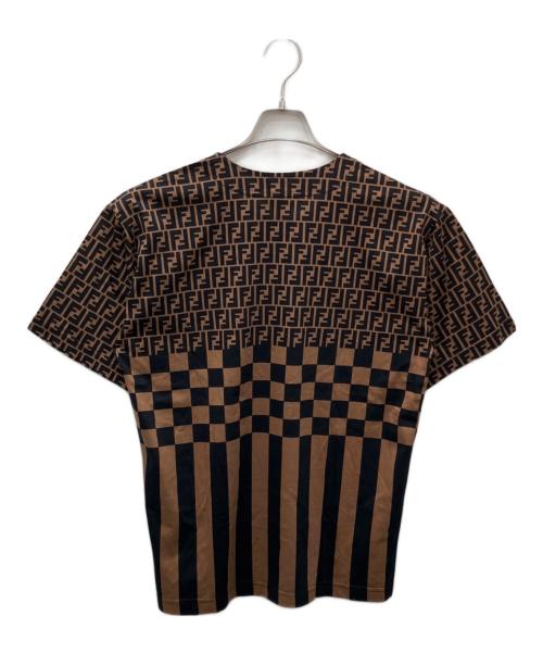 FENDI（フェンディ）FENDI (フェンディ) ズッカ × ペカンストライプ Tシャツ ブラック×ブラウン サイズ:Lの古着・服飾アイテム