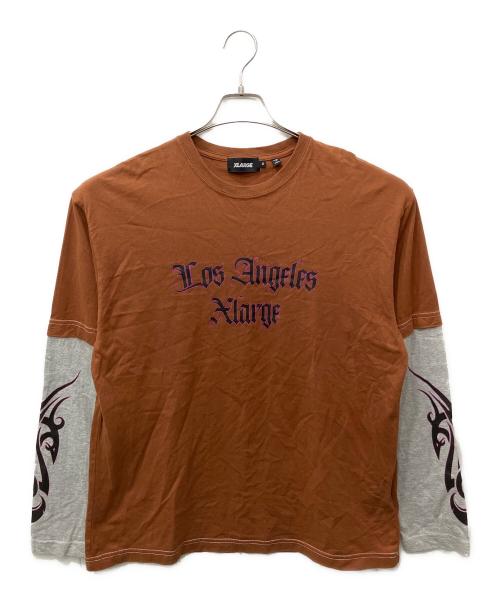 X-LARGE（エクストララージ）X-LARGE (エクストララージ) TRIBAL LAYERED L/S TEE グレー×ブラウン サイズ:Mの古着・服飾アイテム