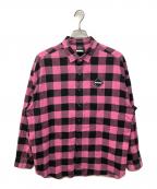 F.C.R.B.エフシーレアルブリストル）の古着「BIG LOGO FLANNEL BAGGY SHIRT/ビッグロゴフランネルバギーシャツ」｜ブラック×ピンク