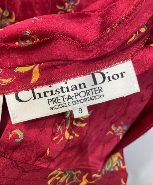 Christian Dior（クリスチャン ディオール）Christian Dior (クリスチャン ディオール) ヴィンテージ総柄カシュクールシルクワンピース レッド サイズ:9の古着・服飾アイテム