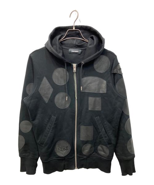 DIESEL（ディーゼル）DIESEL (ディーゼル) レザーパッチジップパーカー ブラック サイズ:Sの古着・服飾アイテム