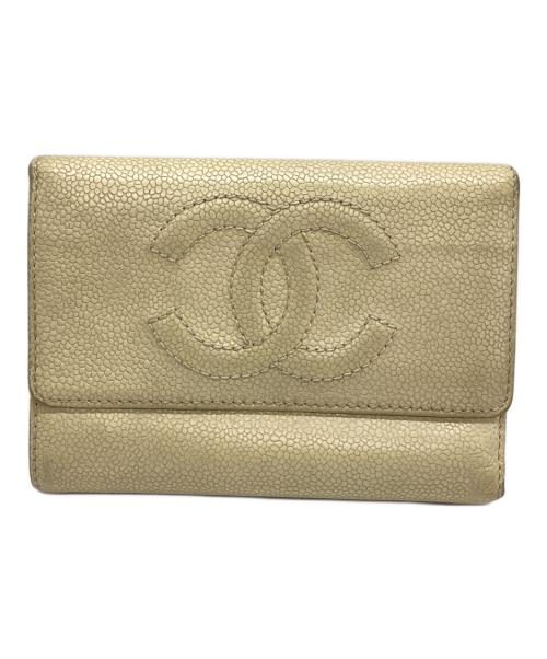 CHANEL（シャネル）CHANEL (シャネル) キャビアスキンココマーク2つ折り財布 アイボリーの古着・服飾アイテム