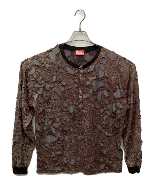 DIESEL（ディーゼル）DIESEL (ディーゼル) T-OVERT / デストロイヘンリーネックカットソー ブラウン×ブラック サイズ:Sの古着・服飾アイテム