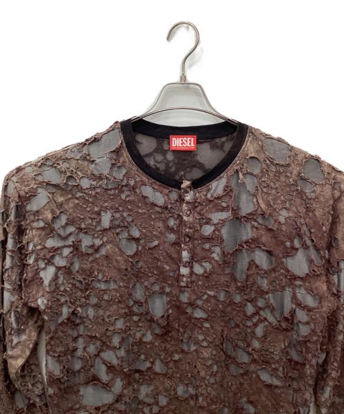 DIESEL（ディーゼル）DIESEL (ディーゼル) T-OVERT / デストロイヘンリーネックカットソー ブラウン×ブラック サイズ:Sの古着・服飾アイテム