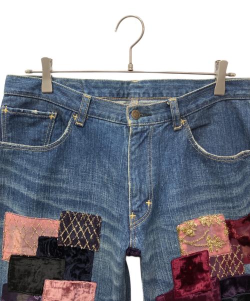 NUMBER INE（ナンバーナイン）NUMBER INE (ナンバーナイン) ベロアパッチワークフレアデニムパンツ インディゴ サイズ:４の古着・服飾アイテム