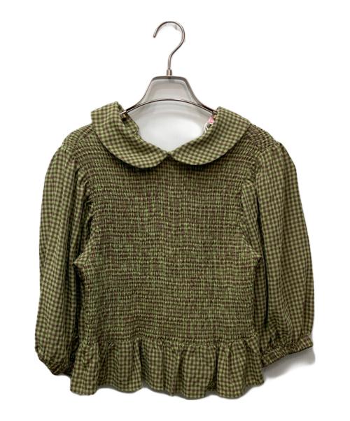 little sunny bite（リトルサニーバイト）Little sunny bite (リトルサニーバイト) Check short blouse（チェックショートブラウス） 黄緑 サイズ:FREEの古着・服飾アイテム